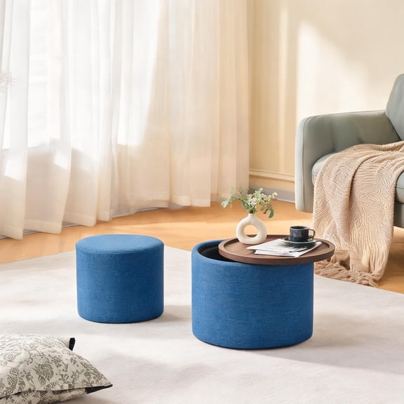 2-Piece Nesting Storage Ottoman Set with Wood Tray, Linen Upholstered in Soft Blue, 22.75-Inch Round
