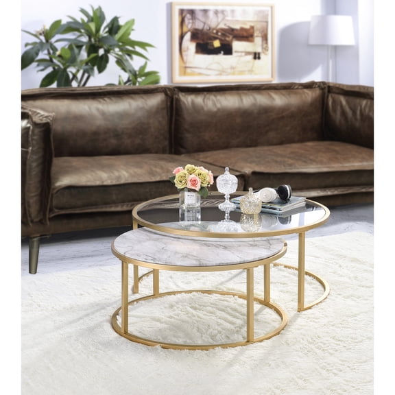 2-Piece Nesting Tables | Create Chic Focal Point in Home | Clear Glass and Faux Marble Surfaces | Sturdy Square Metal Tube Frames
