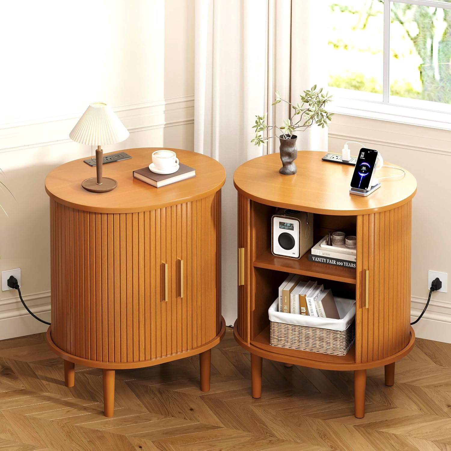 2-Piece Nightstand Set with Charging Station Mid-Century Modern, Yellow Fluted Side Tables with Sliding Door & Adjustable Shelf, Space-Saving End Table for Bedroom, Living Room