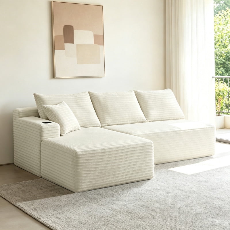 2-Piece No Assembly Need Sectional Sofa Set, Boneless Couch with Chaise Lounge, Modular Upholstered Sofa with Cup Holder