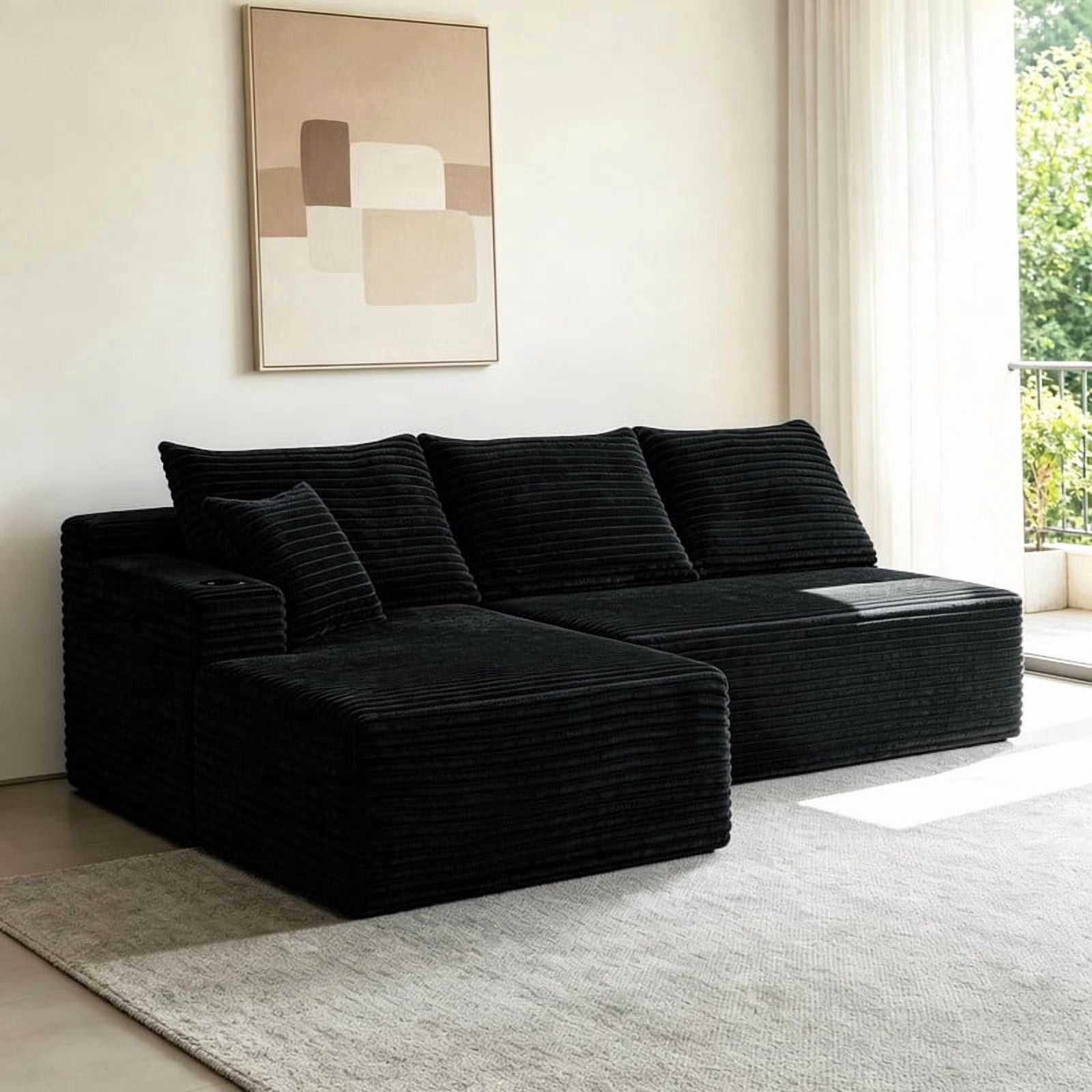 2-Piece No Assembly Need Sectional Sofa Set, Boneless Couch with Chaise Lounge, Modular Upholstered Sofa with Cup Holder