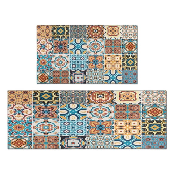 2-Piece Non-Slip Colorful Boho Floral Kitchen Rugs - Comfort Cushioned Kitchen Runner Rug, Anti-Fatigue Mats for Kitchen Sink Laundry Room 17x30 & 17x47 inch