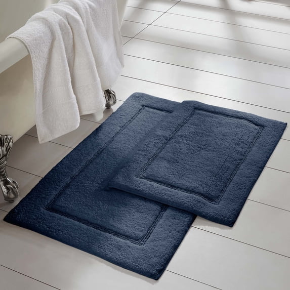 2 Piece Non-Slip Cotton Bath Rug Set, 17" x 24" & 21" x 34", Navy