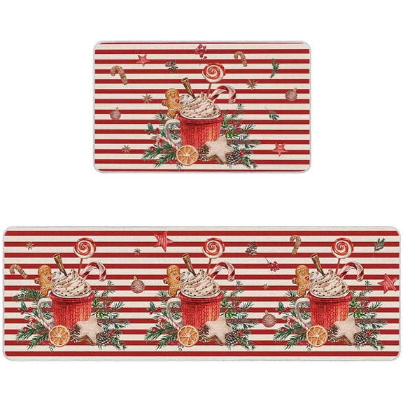 2 Piece Non-Slip Kitchen Mat Runner Rug Set Doormat Christmas Gingerbread Man Coffee Cappuccino Red Stripes Door Mats Rubber Backing Carpet Indoor Floor Mat (15.7" x 23.6"+15.7" x 47.2")