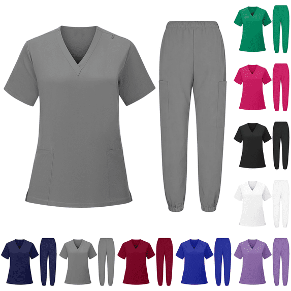 2 Piece Nursing Uniform Scrub Suit 2026 Stretch Medical Scrubs Sets Classic V-Neck Top & Pants Set Grey S