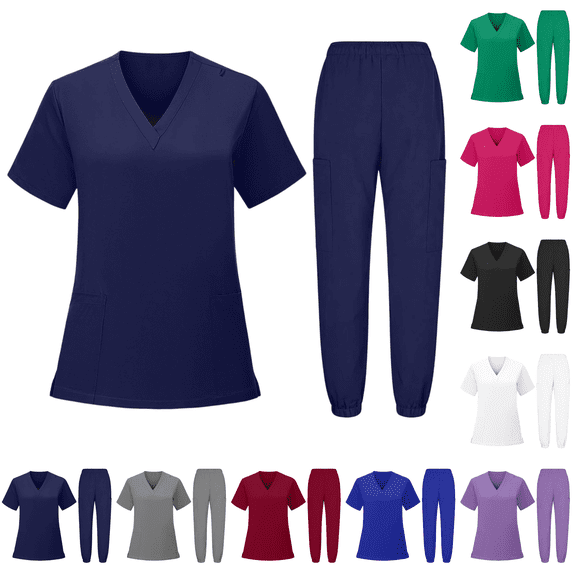 2 Piece Nursing Uniform Scrub Suit 2026 Stretch Medical Scrubs Sets Classic V-Neck Top & Pants Set Navy L