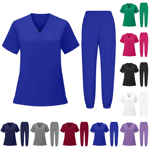 2 Piece Nursing Uniform Scrub Suit 2026 Stretch Medical Scrubs Sets Classic V-Neck Top & Pants Set Royal Blue L