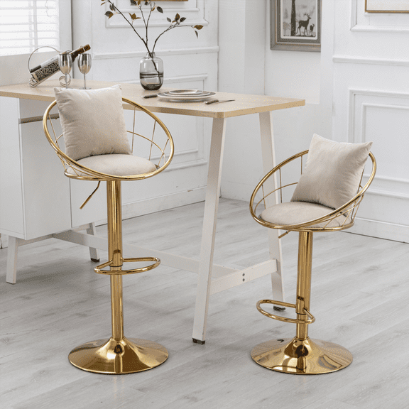 2-Piece Off-White Velvet Bar Chair with Pure Gold Plating - 360 Rotation & Adjustable Height