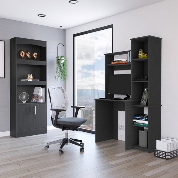 2 Piece Office , Black - Bookcase & Desk. Ready To Assemble With Interlocking Design. Pre-drilled Holes For Speedy Installation. Particle Board Material. Comprehensive Assembly Guidance Included.