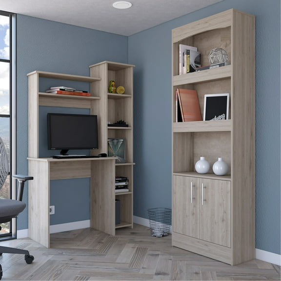 2 Piece Office Furniture - Gray Bookcase + Desk. Uncomplicated Assembly With Interlocking Feature And Pre-drilled Holes. Quality Particle Board. 71.10 In. High, 24.88 Wide, 10.35 Deep. 58.62 Lb 2