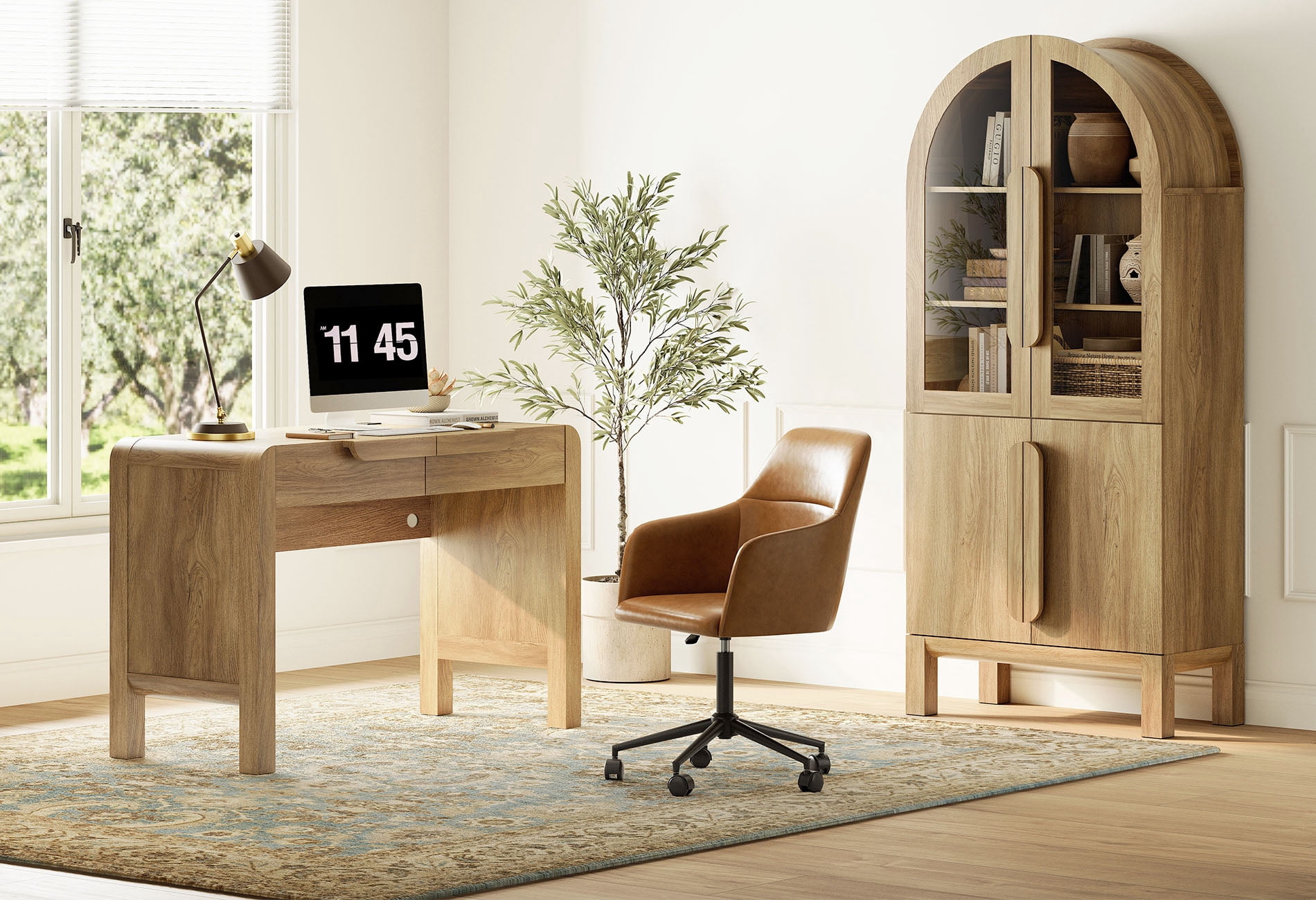 2 Piece Office Set, 47" Modern Executive Desk with Charging Station and Drawers & 71"H Tall 3-Tier Arched Bookcases with Glass Door for Living Room, Bedroom, Home Office