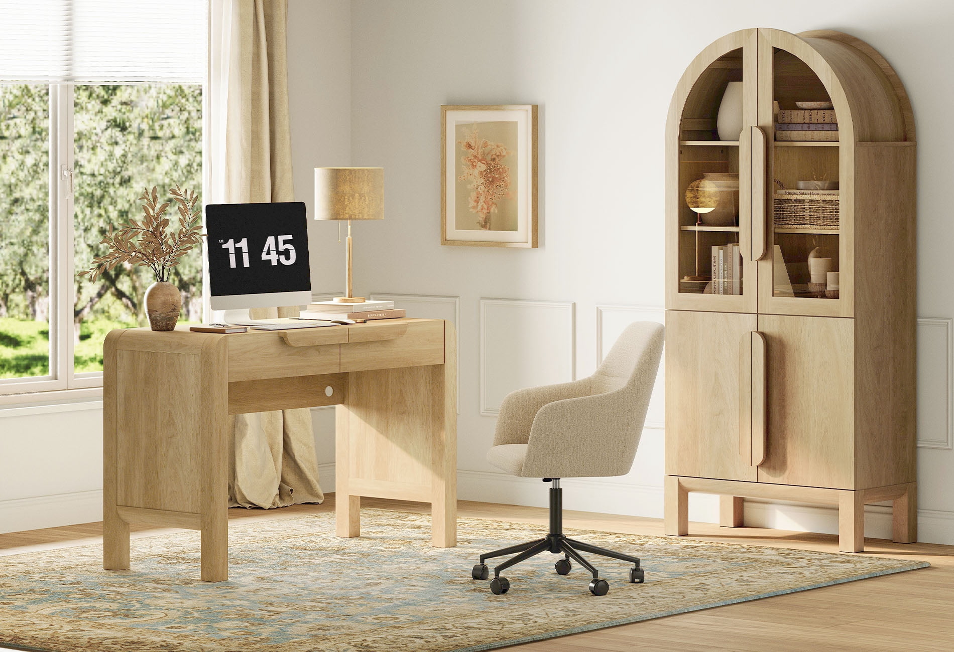 2 Piece Office Set, 47" Modern Executive Desk with Charging Station and Drawers & 71"H Tall 3-Tier Arched Bookcases with Glass Door for Living Room, Bedroom, Home Office