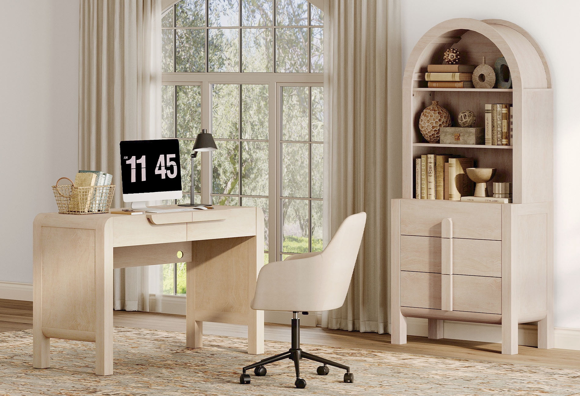 2 Piece Office Set, 47" Modern Executive Desk with Charging Station and Drawers & 71"H Tall 3-Tier Arched Bookcases with Open Storage for Living Room, Bedroom, Home Office