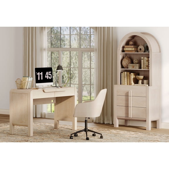 2 Piece Office Set, 47" Modern Executive Desk with Charging Station and Drawers & 71"H Tall 3-Tier Arched Bookcases with Open Storage for Living Room, Bedroom, Home Office