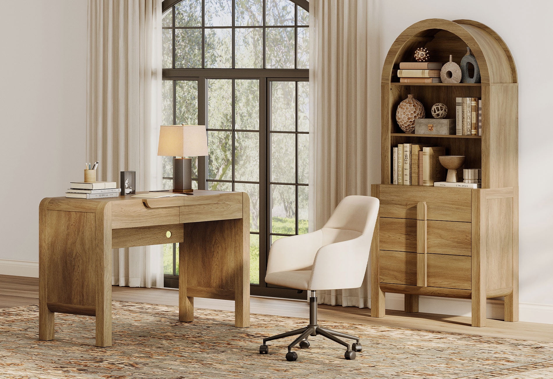 2 Piece Office Set, 47" Modern Executive Desk with Charging Station and Drawers & 71"H Tall 3-Tier Arched Bookcases with Open Storage for Living Room, Bedroom, Home Office