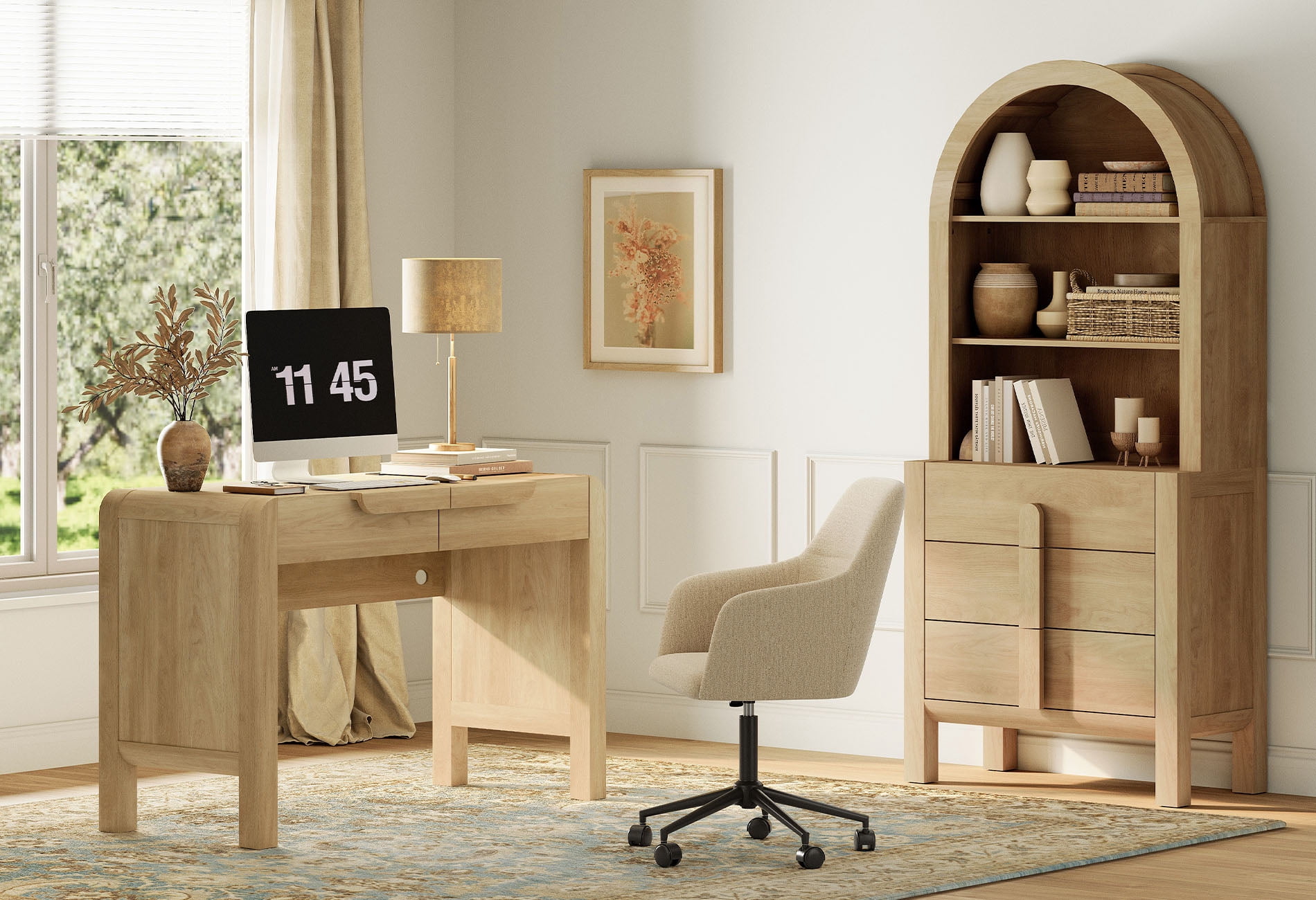2 Piece Office Set, 47" Modern Executive Desk with Charging Station and Drawers & 71"H Tall 3-Tier Arched Bookcases with Open Storage for Living Room, Bedroom, Home Office