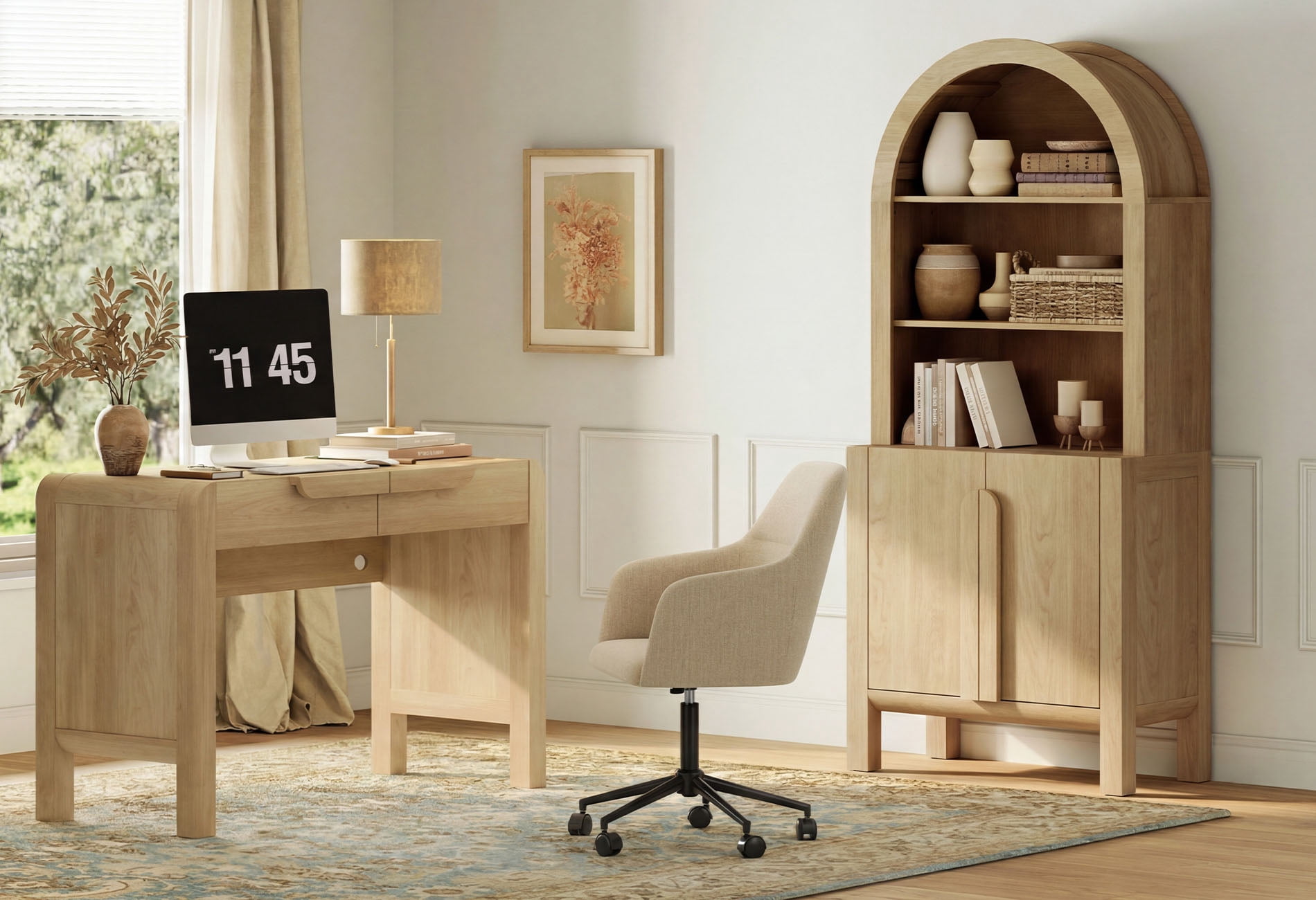 2 Piece Office Set, 47" Modern Executive Desk with Charging Station and Drawers & 71"H Tall 5-Tier Arched Bookcases with Storage Cabinet for Living Room, Bedroom, Home Office