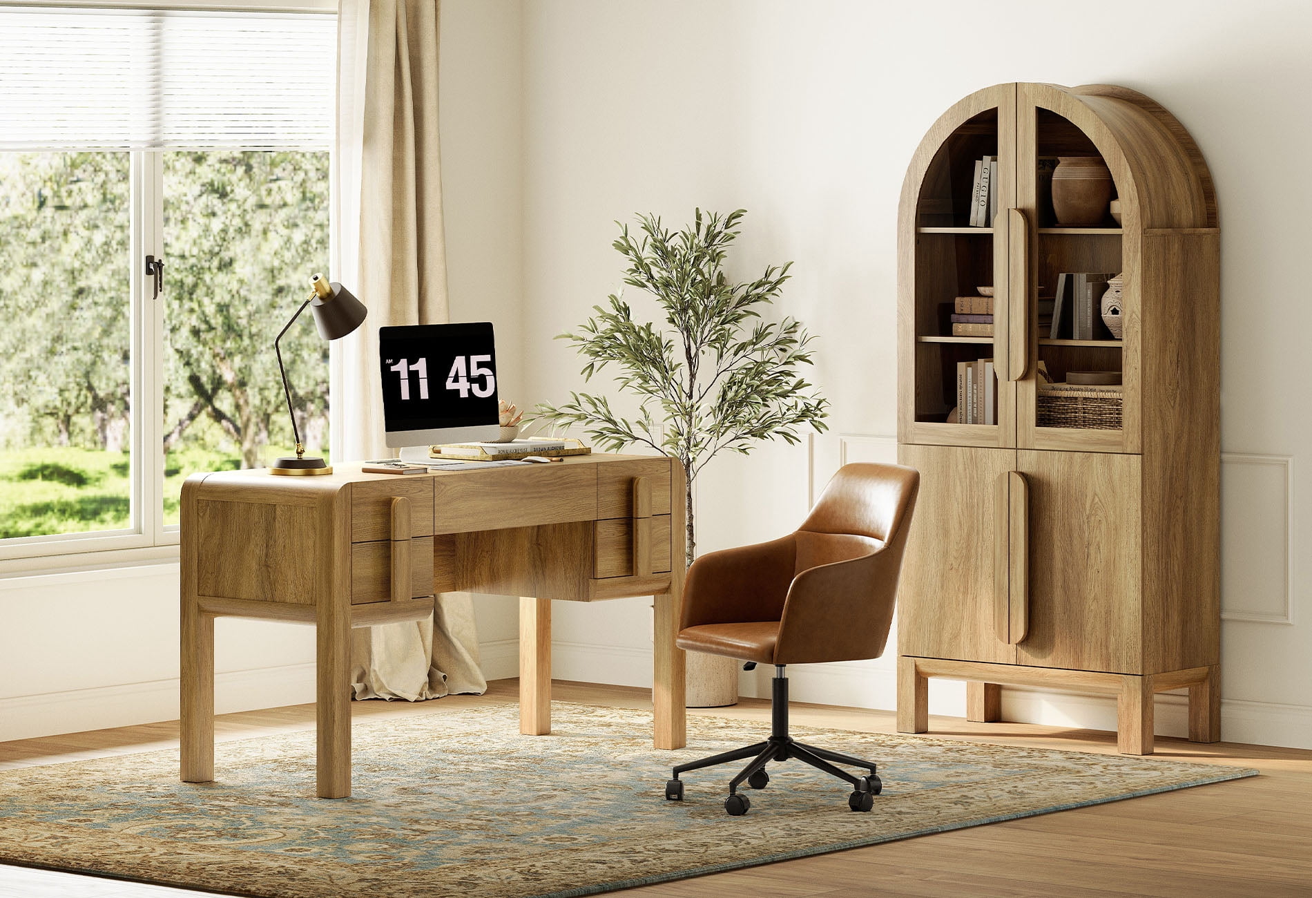 2 Piece Office Set, 53.5" Modern Executive Desk with Charging Station and Drawers & 71"H Tall 3-Tier Arched Bookcases with Glass Door for Living Room, Bedroom, Home Office