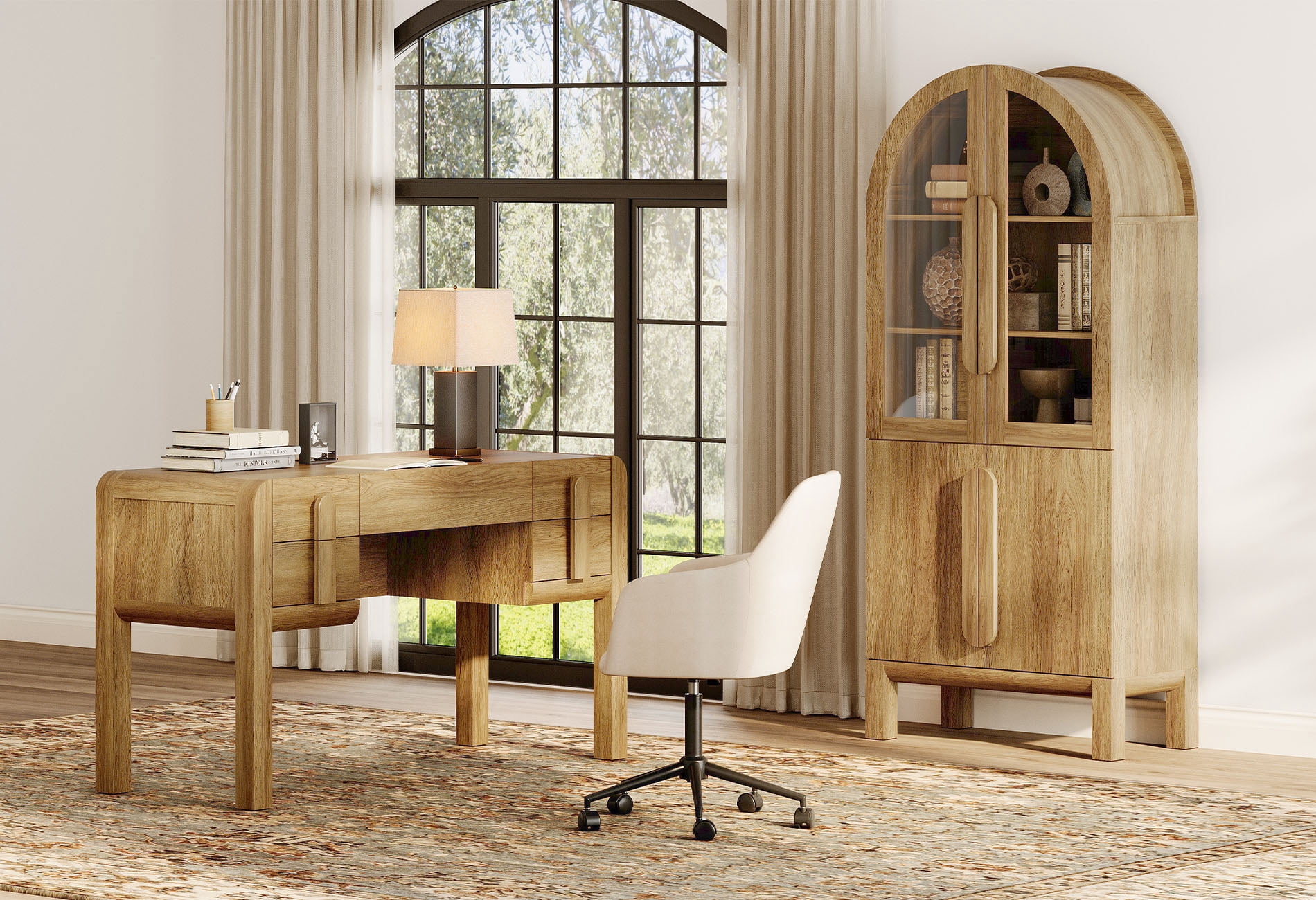 2 Piece Office Set, 53.5" Modern Executive Desk with Charging Station and Drawers & 71"H Tall 5-Tier Arched Bookcases with Glass Door for Living Room, Bedroom, Home Office