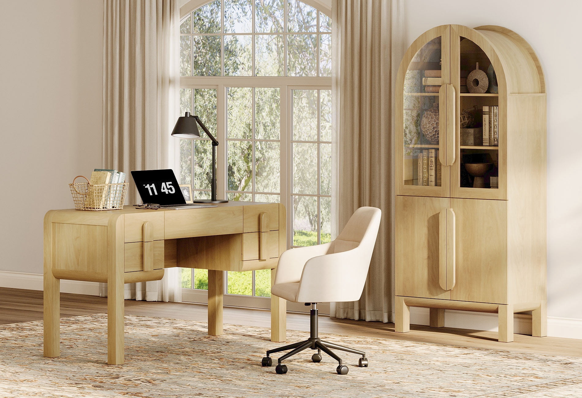 2 Piece Office Set, 53.5" Modern Executive Desk with Charging Station and Drawers & 71"H Tall 5-Tier Arched Bookcases with Glass Door for Living Room, Bedroom, Home Office