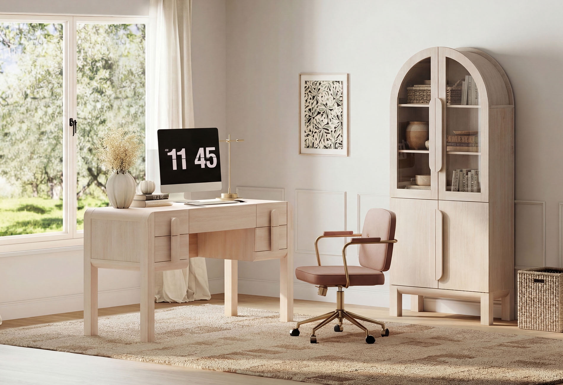 2 Piece Office Set, 53.5" Modern Executive Desk with Charging Station and Drawers & 71"H Tall 5-Tier Arched Bookcases with Glass Door for Living Room, Bedroom, Home Office