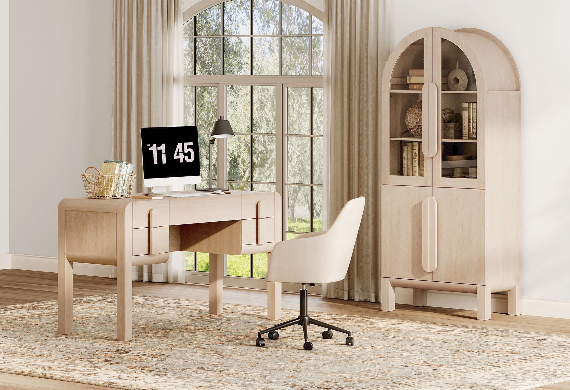2 Piece Office Set, 53.5" Modern Executive Desk with Charging Station and Drawers & 71"H Tall 3-Tier Arched Bookcases with Glass Door for Living Room, Bedroom, Home Office