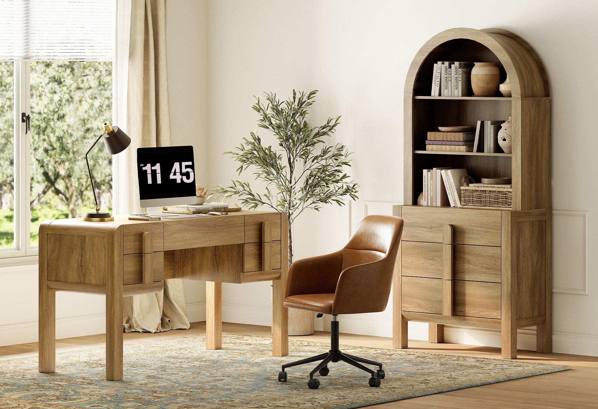 2 Piece Office Set, 53.5" Modern Executive Desk with Charging Station and Drawers & 71"H Tall 3-Tier Arched Bookcases with Open Storage for Living Room, Bedroom, Home Office