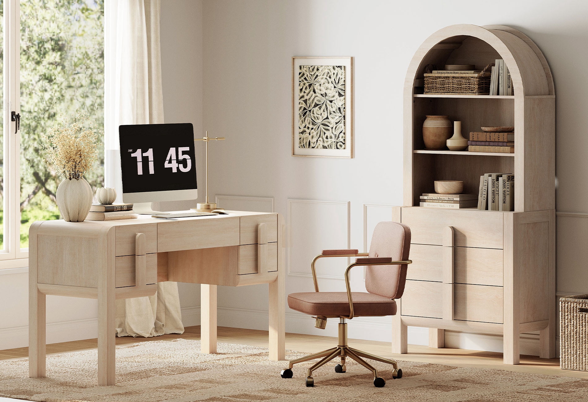 2 Piece Office Set, 53.5" Modern Executive Desk with Charging Station and Drawers & 71"H Tall 3-Tier Arched Bookcases with Open Storage for Living Room, Bedroom, Home Office