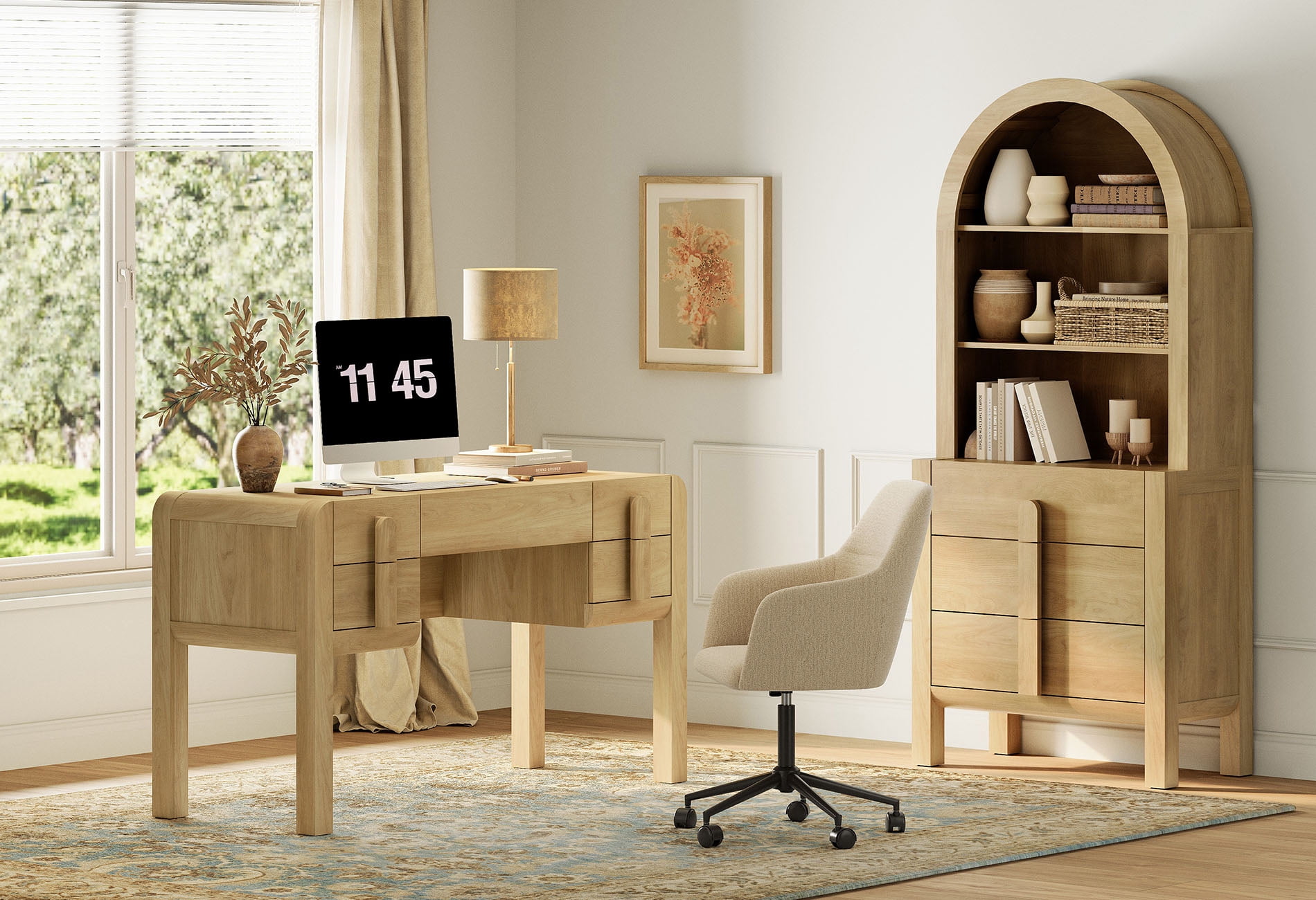 2 Piece Office Set, 53.5" Modern Executive Desk with Charging Station and Drawers & 71"H Tall 3-Tier Arched Bookcases with Open Storage for Living Room, Bedroom, Home Office