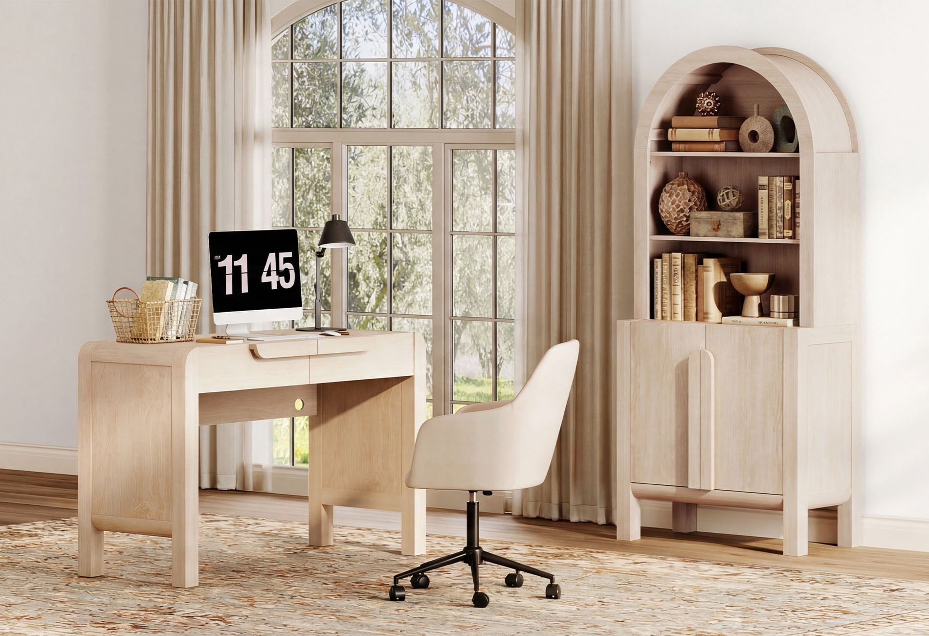 2 Piece Office Set, 47" Modern Executive Desk with Charging Station and Drawers & 71"H Tall 5-Tier Arched Bookcases with Storage Cabinet for Living Room, Bedroom, Home Office