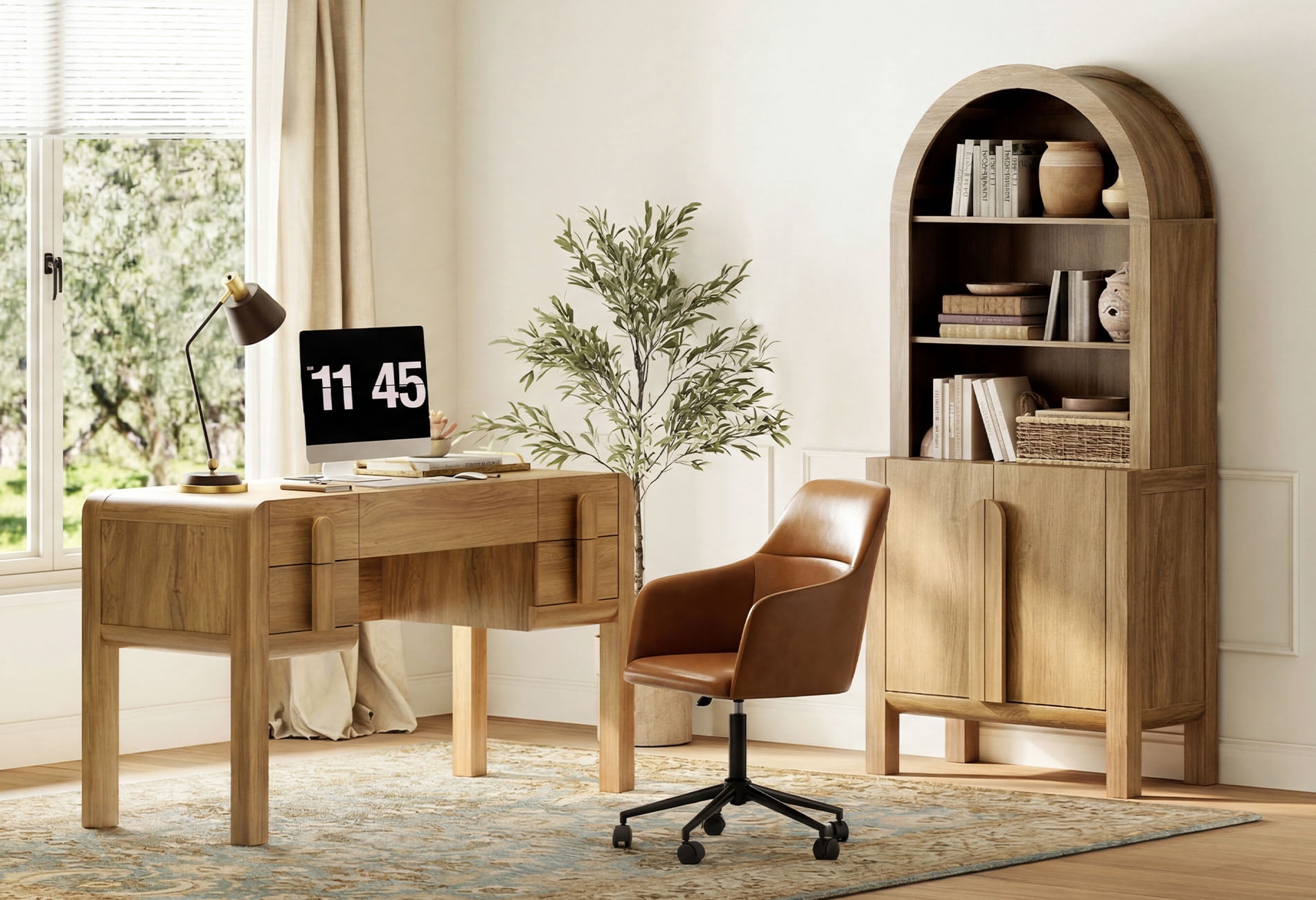 2 Piece Office Set, 53.5" Modern Executive Desk with Charging Station and Drawers & 71"H Tall 5-Tier Arched Bookcases with Storage Cabinet for Living Room, Bedroom, Home Office