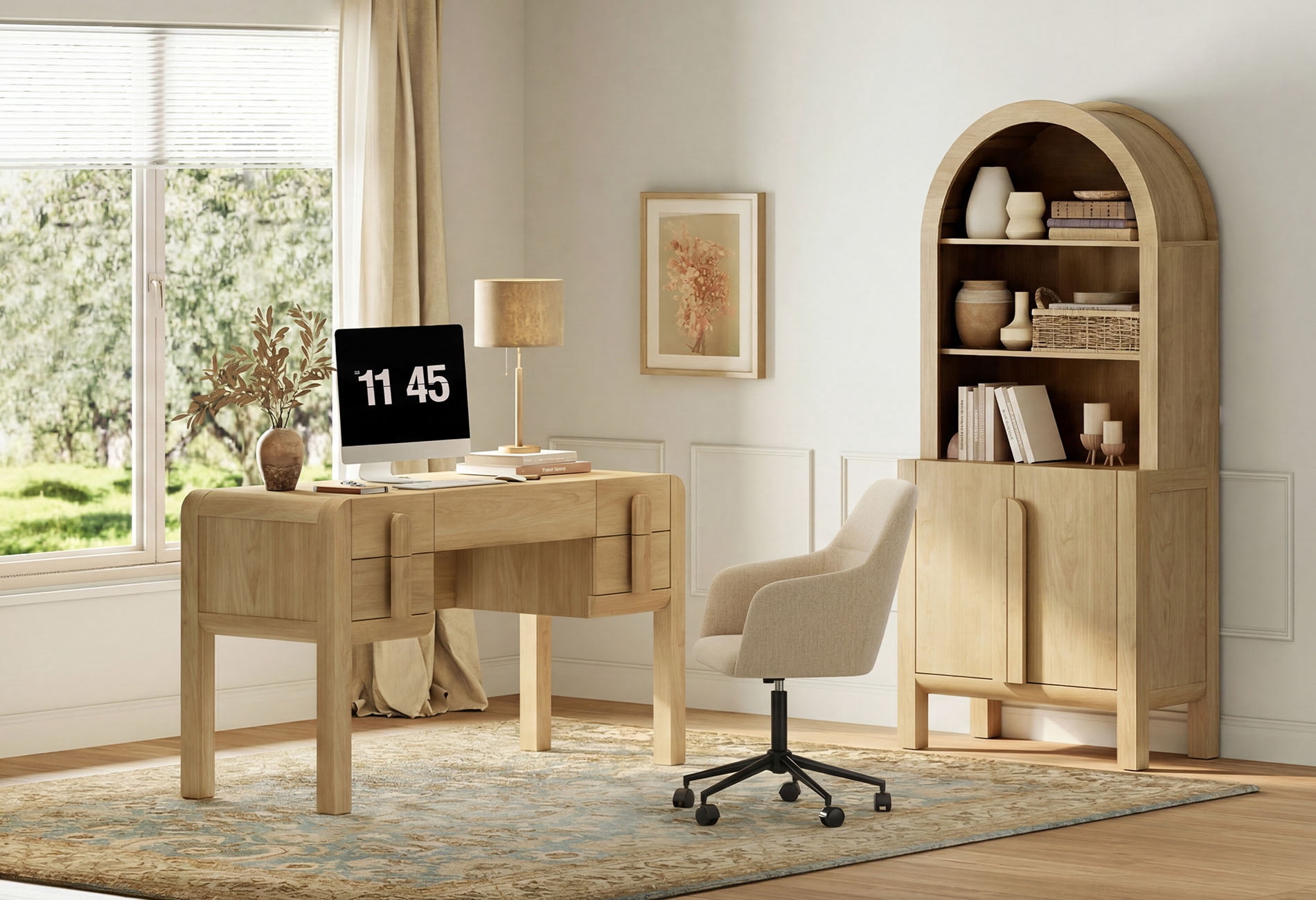 2 Piece Office Set, 53.5" Modern Executive Desk with Charging Station and Drawers & 71"H Tall 5-Tier Arched Bookcases with Storage Cabinet for Living Room, Bedroom, Home Office