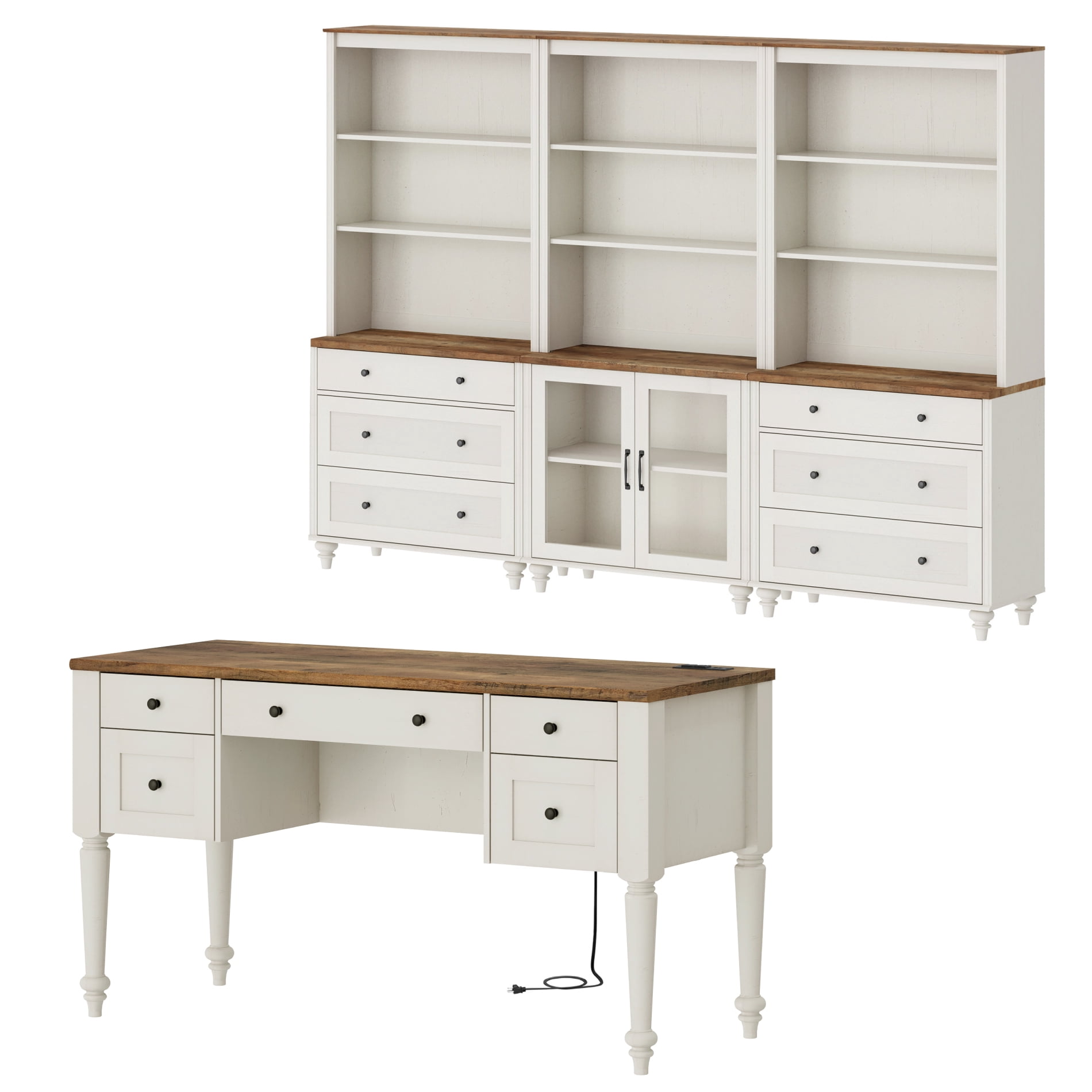 2 Piece Office Set, 56" Executive Desk, Bookcases With 3 Drawers And 2 Glass Cabinets