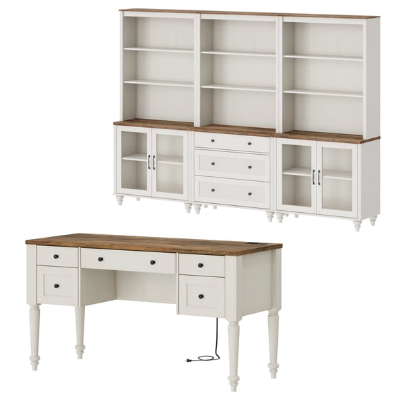 2 - Piece Office Set, 56" Executive Desk, Bookcases With 3 Drawers And 2 Glass Cabinets