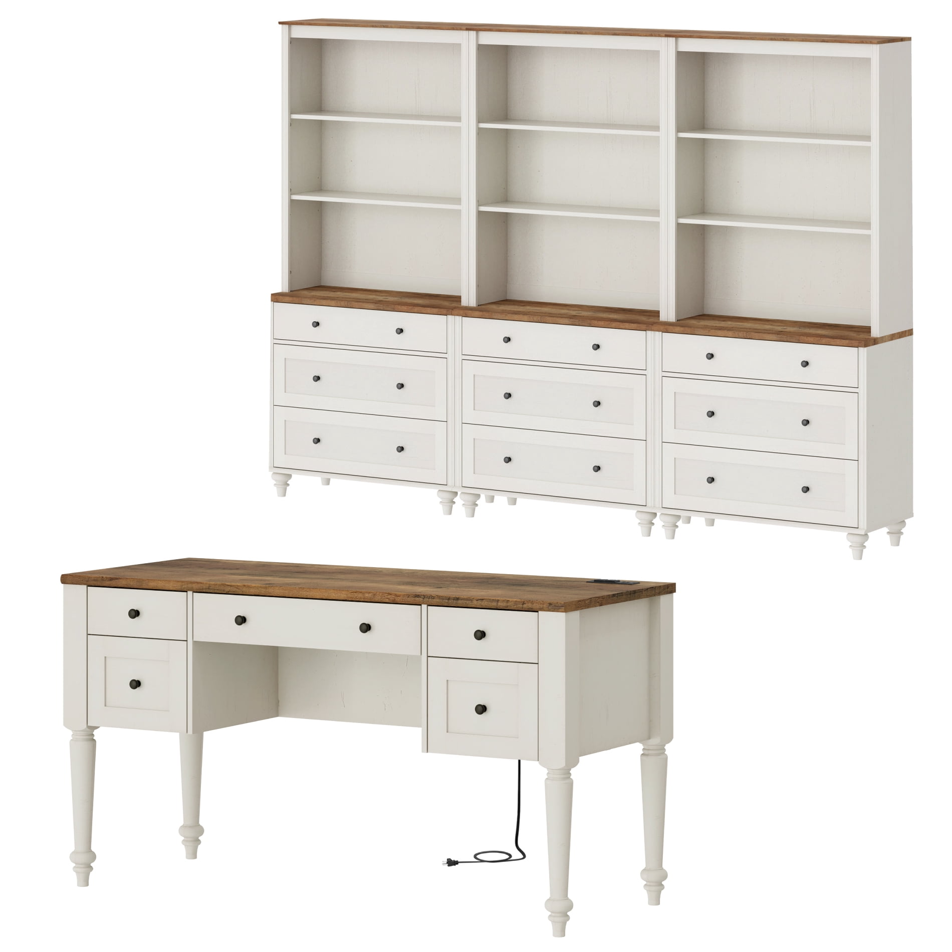 2 Piece Office Set, 56" Executive Desk & Set Of 3 Bookcases With Drawers, White