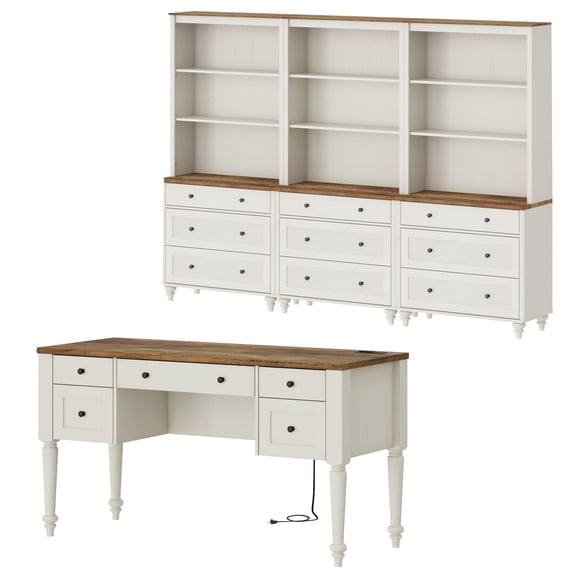 2 Piece Office Set, 56" Executive Desk & Set Of 3 Bookcases With Drawers, White