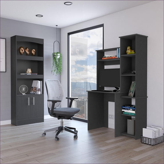2-Piece Office Set, Dozza Bookcase + Aramis Desk | Black | Particle Board