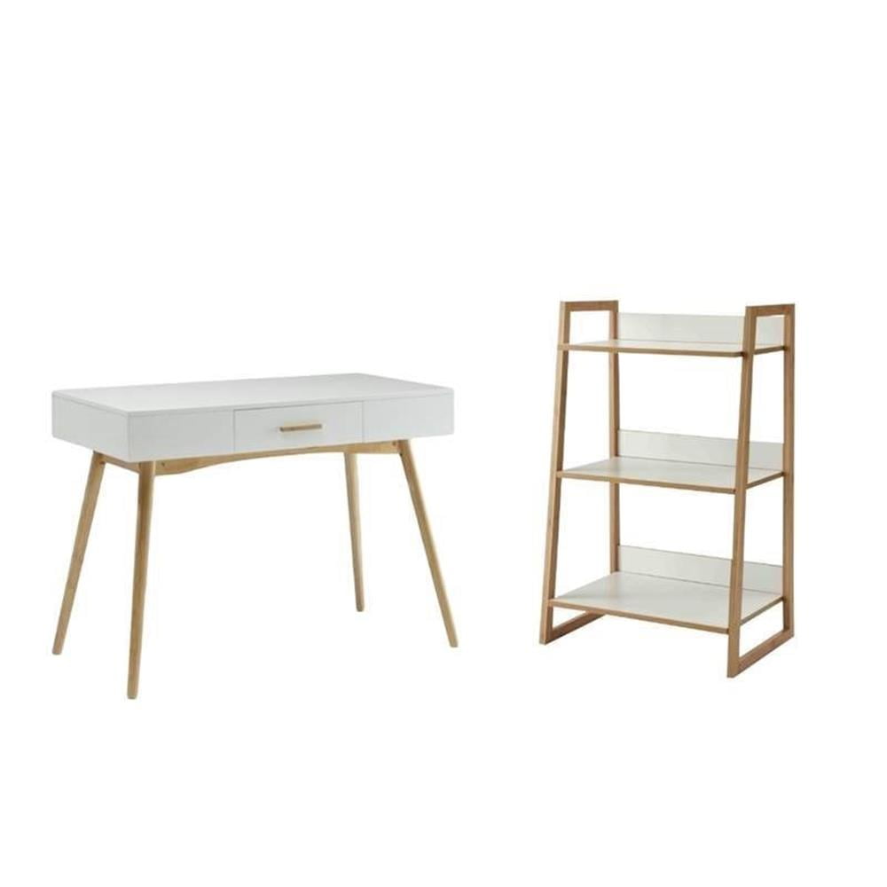 White Bamboo Executive Desk and 3-Tier Shelf Set
