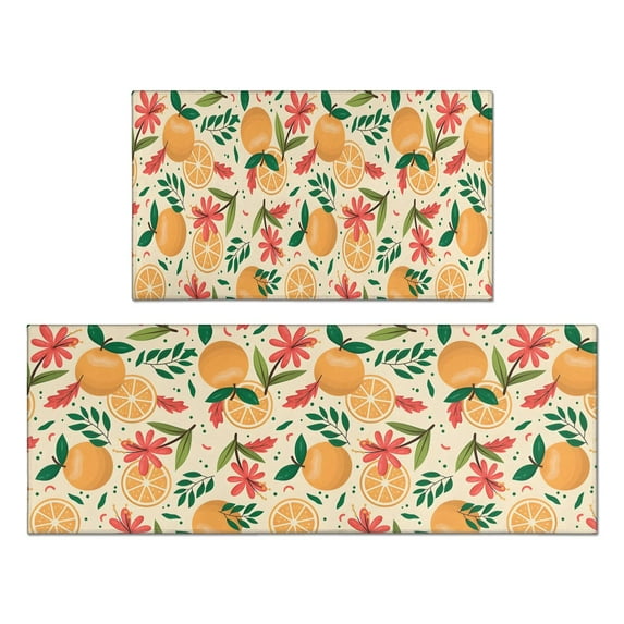 2 Piece Orange Floral Rug Kitchen Rug Set, Decor Kitchen Rugs, Absorbent Non-Slip Washable Floor Mats, Home Indoor Runner Rugs 17"x47"+17"x30"