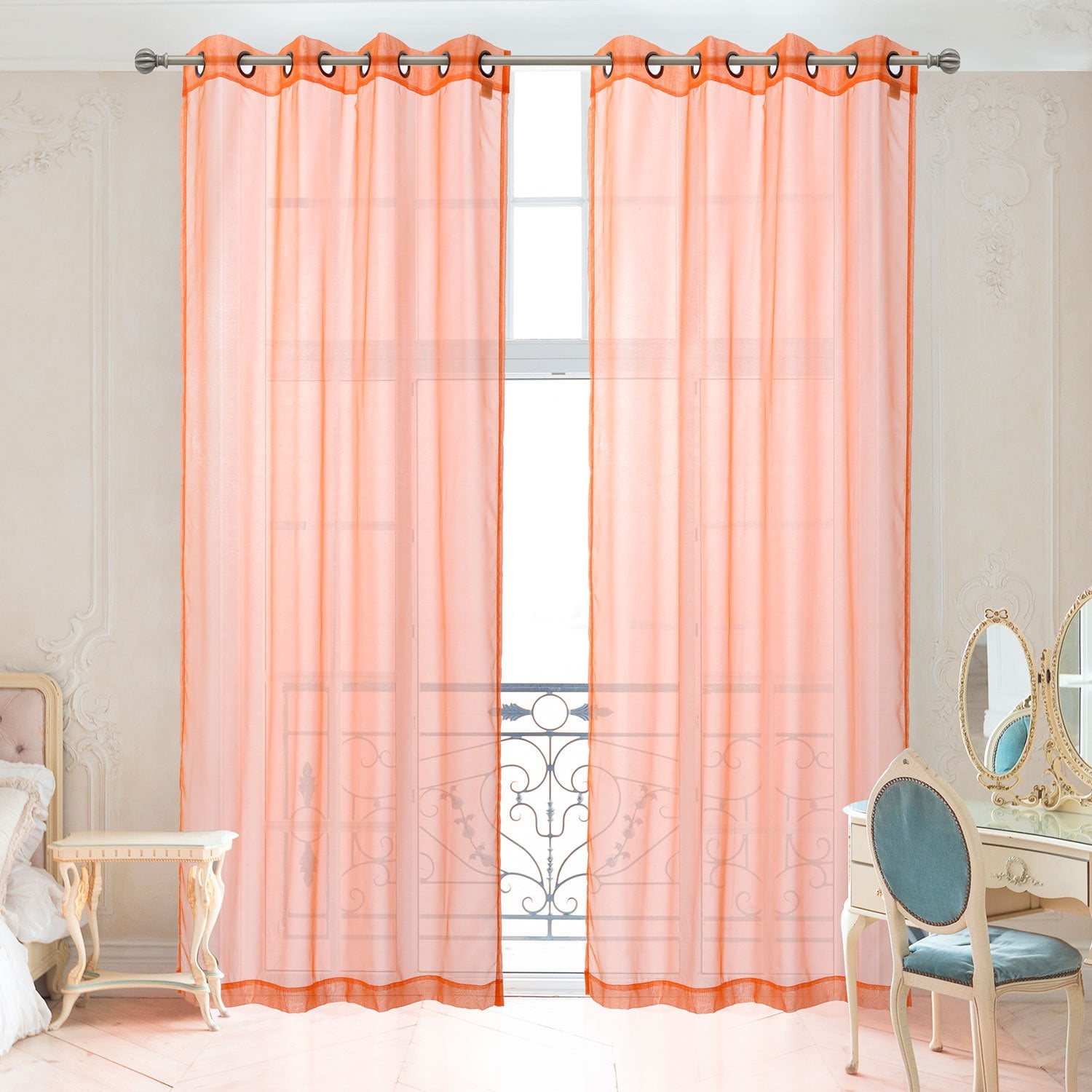 2 Piece Orange Window Sheer Curtains Grommet Panels 54" X 84" Total 108" X 84" Inch Length for Bedroom/Living Room