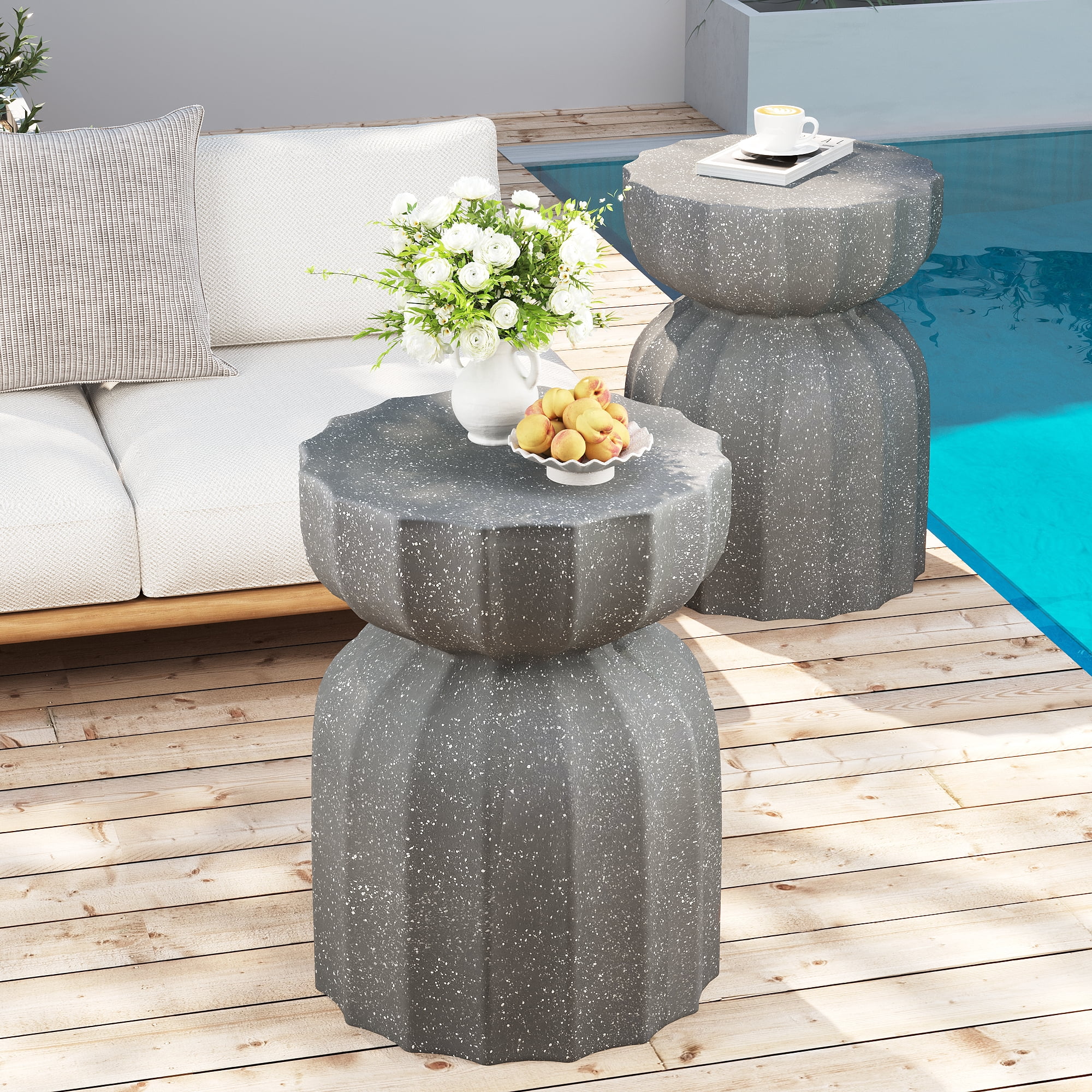 2 Piece Outdoor Accent Table Set, Waterproof Cement Style Round Side Coffee Table Combo for Yard Use, Grey