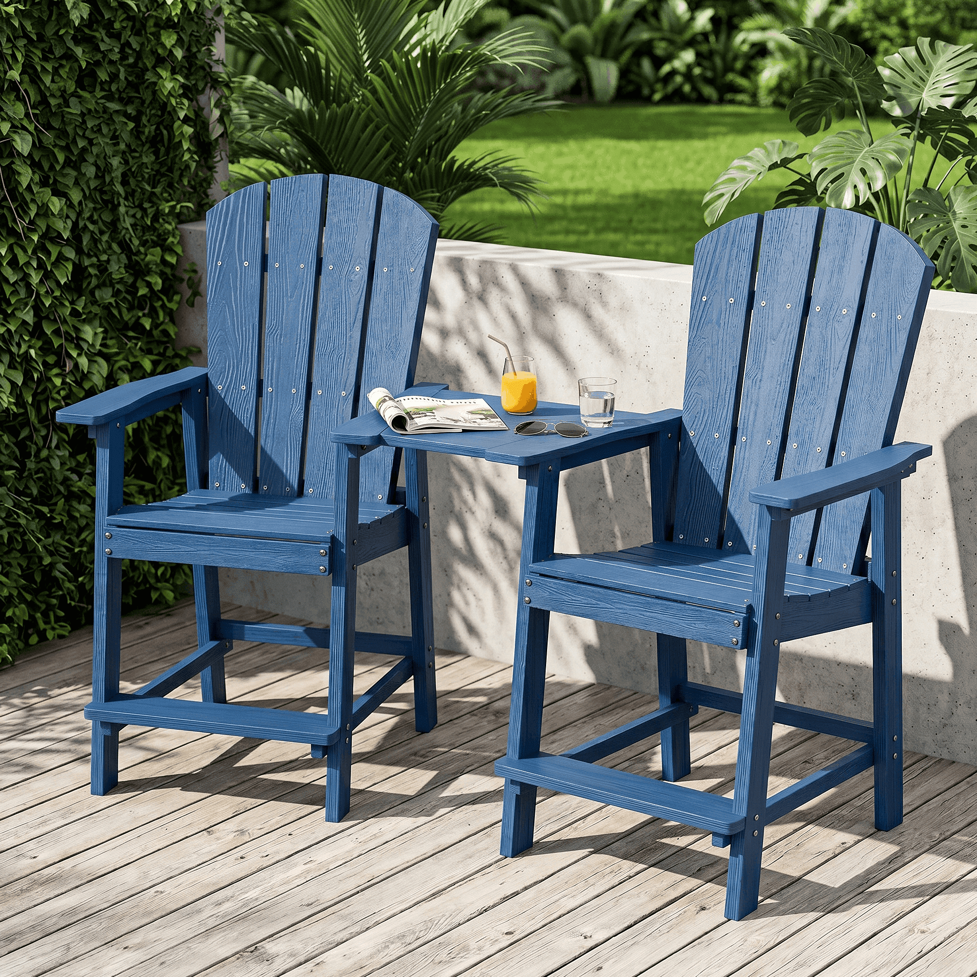 2-Piece Outdoor Adirondack Chair With Table, High Adirondack Chairs with Removable Trays, All Weather Outdoor Adirondack Barstools for Patio, Balcony, Backyard, Deck and Garden