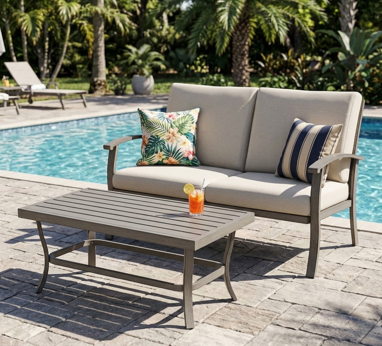 Howcool 2-Piece Outdoor All-Weather Loveseat with Coffee Table, Aluminum Sofa Chair with Cushion