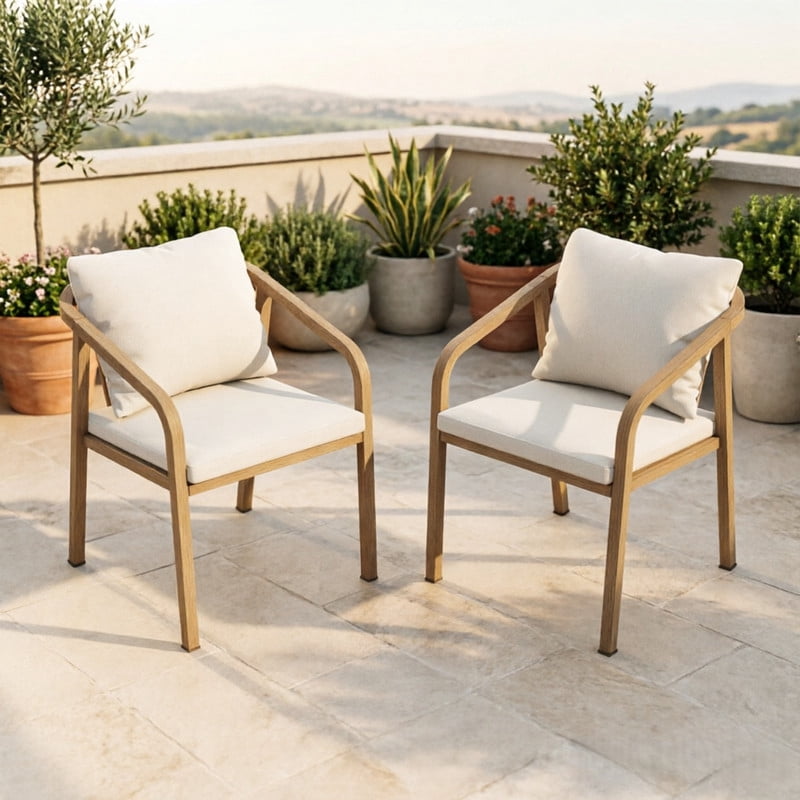 2-Piece Outdoor Aluminum Dining Chairs, Patio Fixed 4-Leg Dining Chair Set of 2 with Cushions, Armchair Kitchen Side Chairs