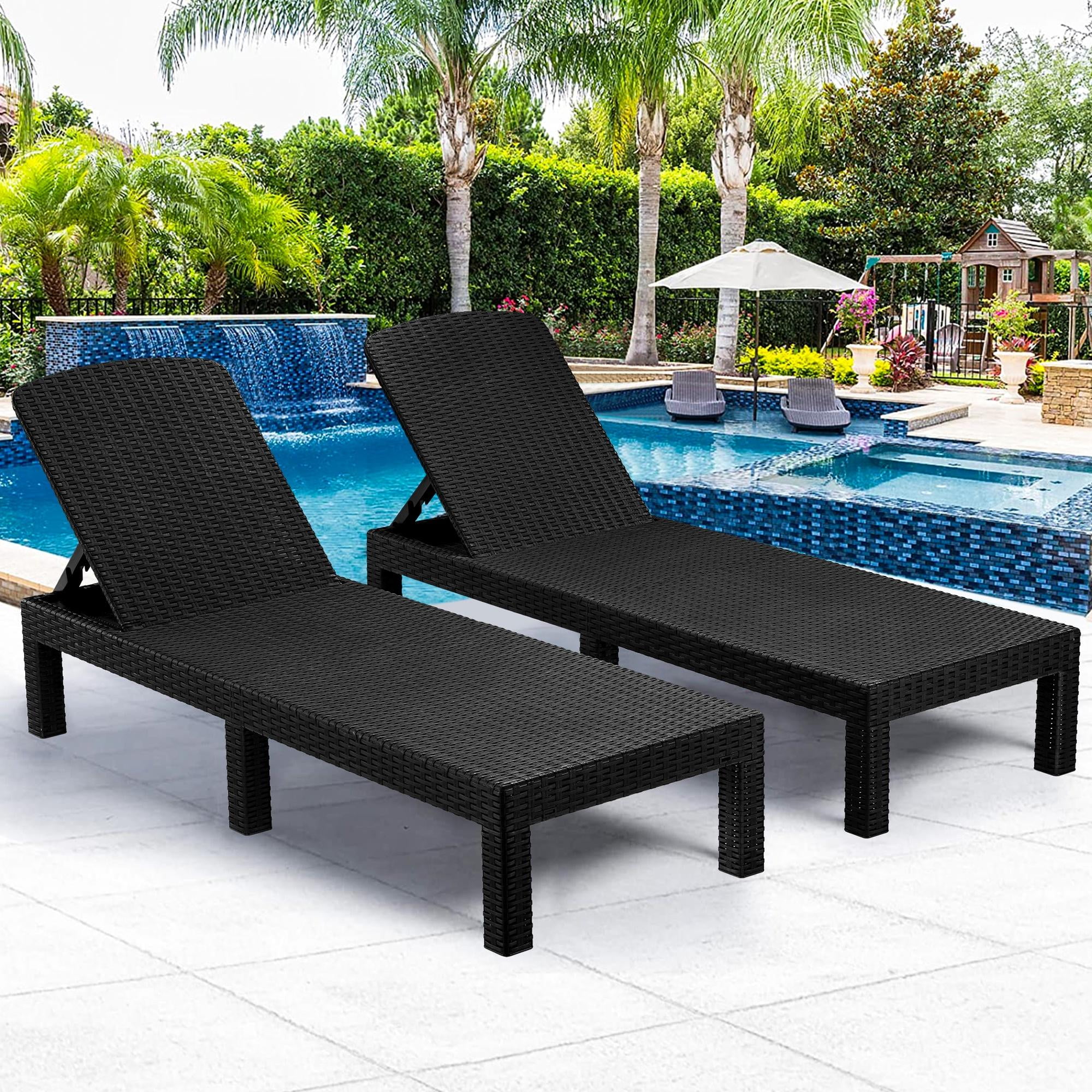 2 Piece Outdoor Chaise Lounge Set PP Resin Adjustable Reclining Lounge Chairs Patio Sun Loungers for Poolside Porch Backyard Garden Black