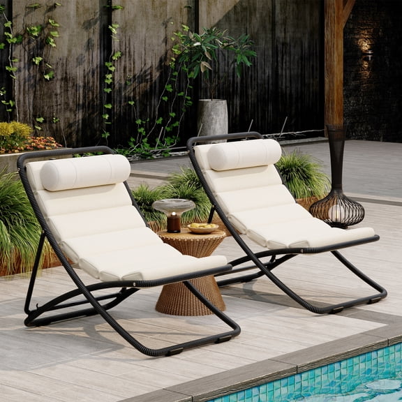 2-Piece Outdoor Folding Chair Set, Rattan-Wrapped Patio Chair with Adjustable Backrest, Thick Cushion and Detachable Headrest, Black