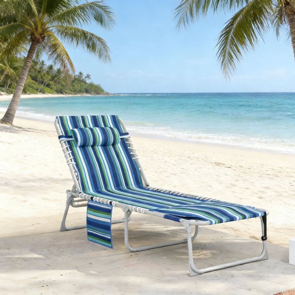 2-Piece Outdoor Lounge Chair with Side Table & Side Pocket 5-Position Adjustable Backrest Face & Arm Holes Folding Beach Pool Lounger 600D Oxford Fabric Carry Strap for Patio Beach Poolside