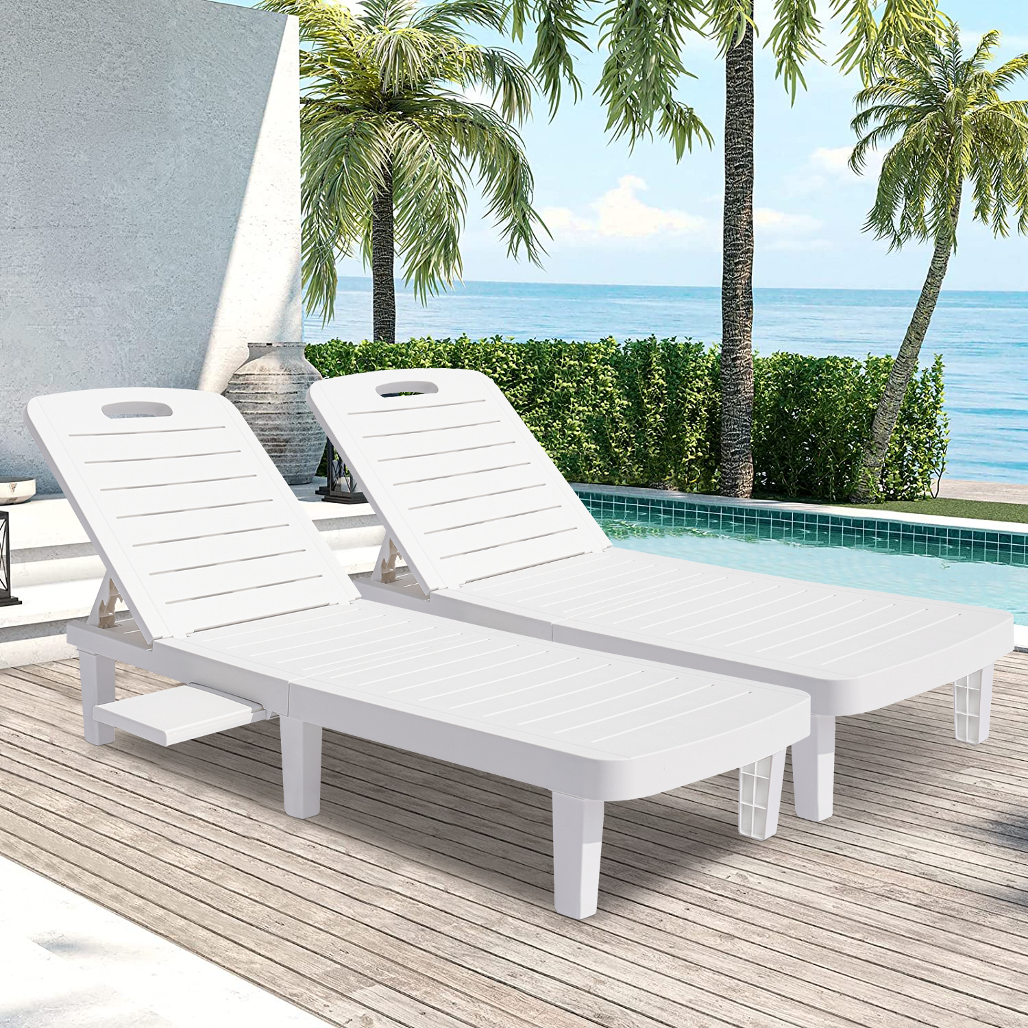 2 Piece Outdoor Lounge Chairs, Patio Furniture Patio Chaise Lounge Chair with Adjustable Backrest and Retractable Tray, Plastic Reclining Lounge Chair for Beach, Backyard, Garden, Poolside, L4550 - image 1 of 10