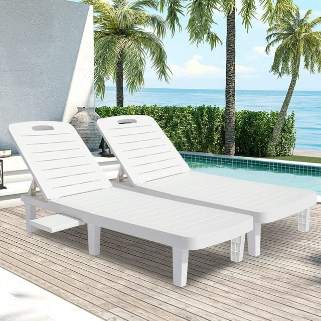 2 Piece Outdoor Lounge Chairs, Patio Furniture Patio Chaise Lounge Chair with Adjustable Backrest and Retractable Tray, Plastic Reclining Lounge Chair for Beach, Backyard, Garden, Poolside, L4550
