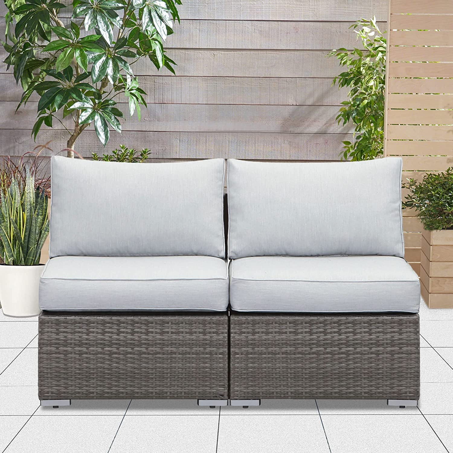 2 Piece Outdoor Patio Armless Sofa, Outdoor Wicker Sectional Furniture